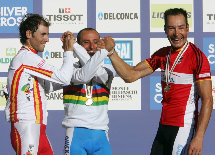 Mondiali, Salisburgo 2006. Il podio: Alejandro Valverde, Paolo Bettini, Erik Zabel. Afp
